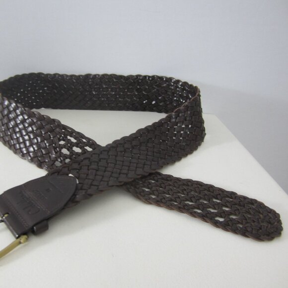 New Cole Haan Womens Medium Brown Leather Woven Belt Brass Buckle 34\